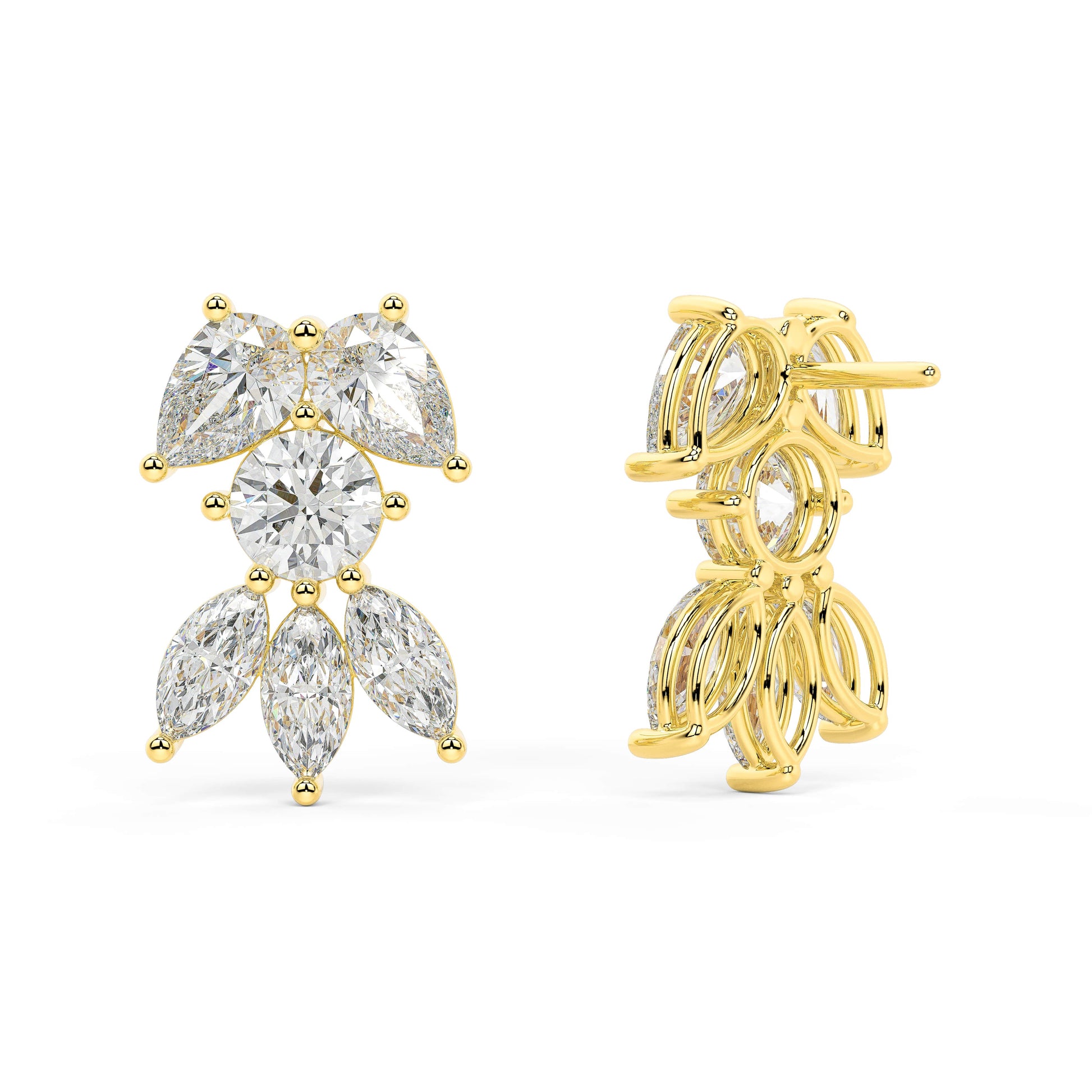 Yellow gold round pear diamond stud earrings full side view, prong-set multi-stone bow design with bead details, contemporary diamond cluster jewelry