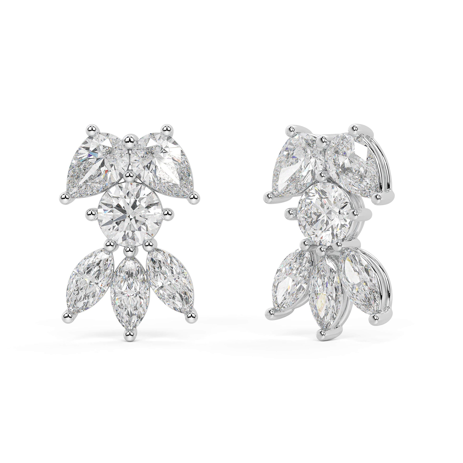 White gold floral cluster diamond earrings angled view, central round with pear petals in dimensional design, luxury lab grown diamond studs