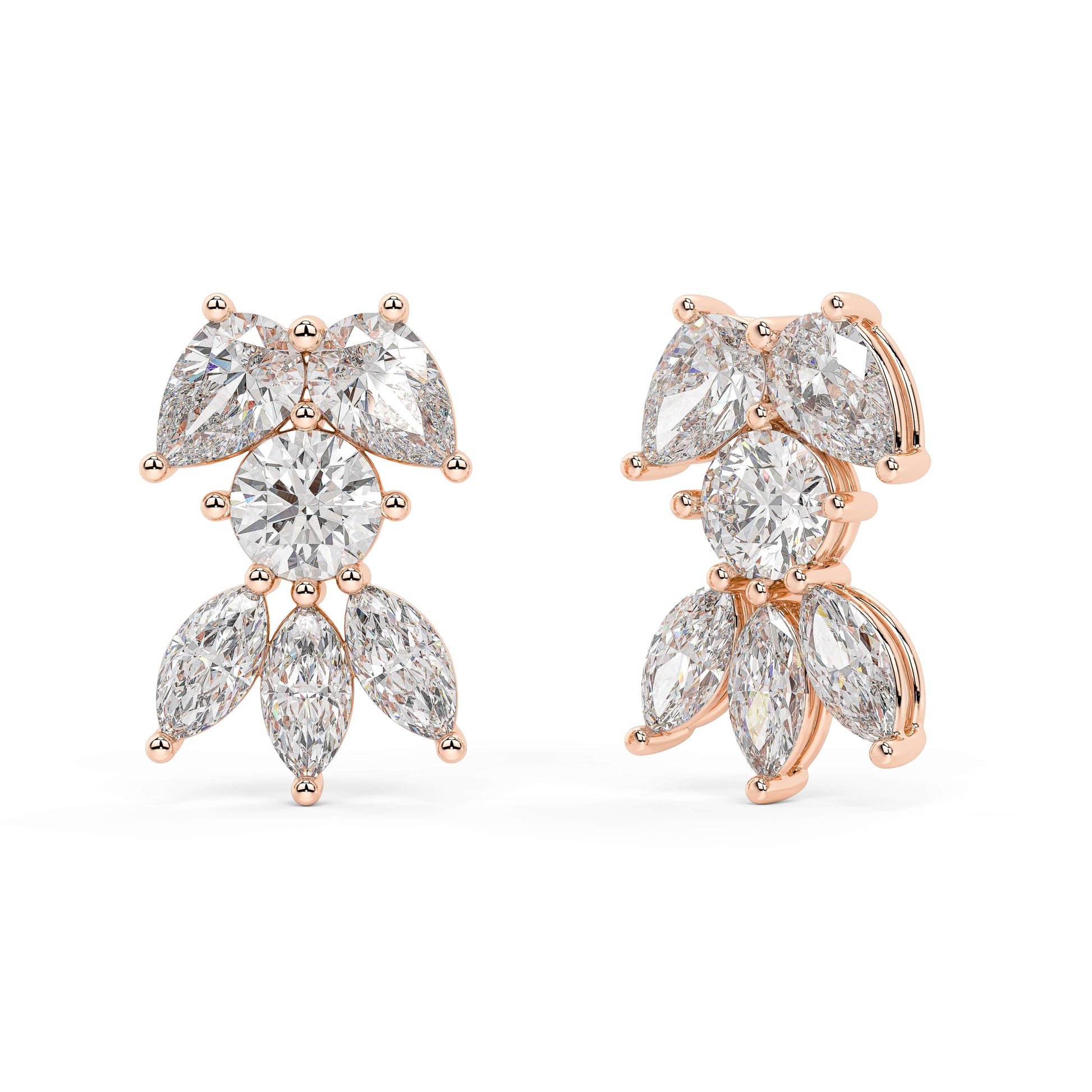 Rose gold cluster diamond stud earrings side view with post, secure backing and bead prong details, rose gold multi-pear diamond studs