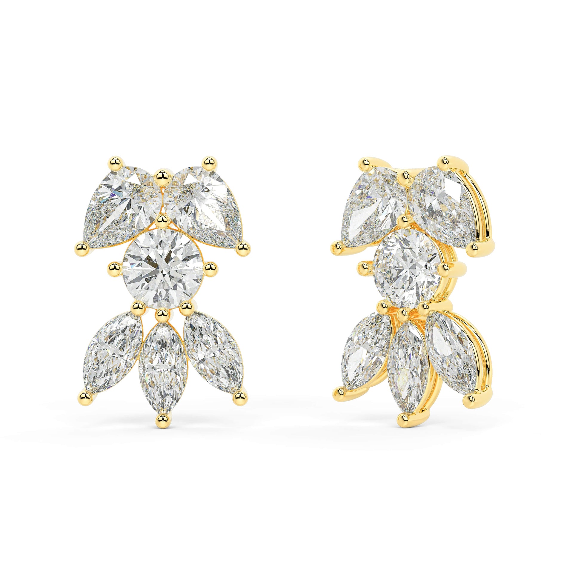 Yellow gold cluster diamond stud earrings angled view, central round brilliant with pear accents in layered bow formation, high-quality lab diamond fine jewelry