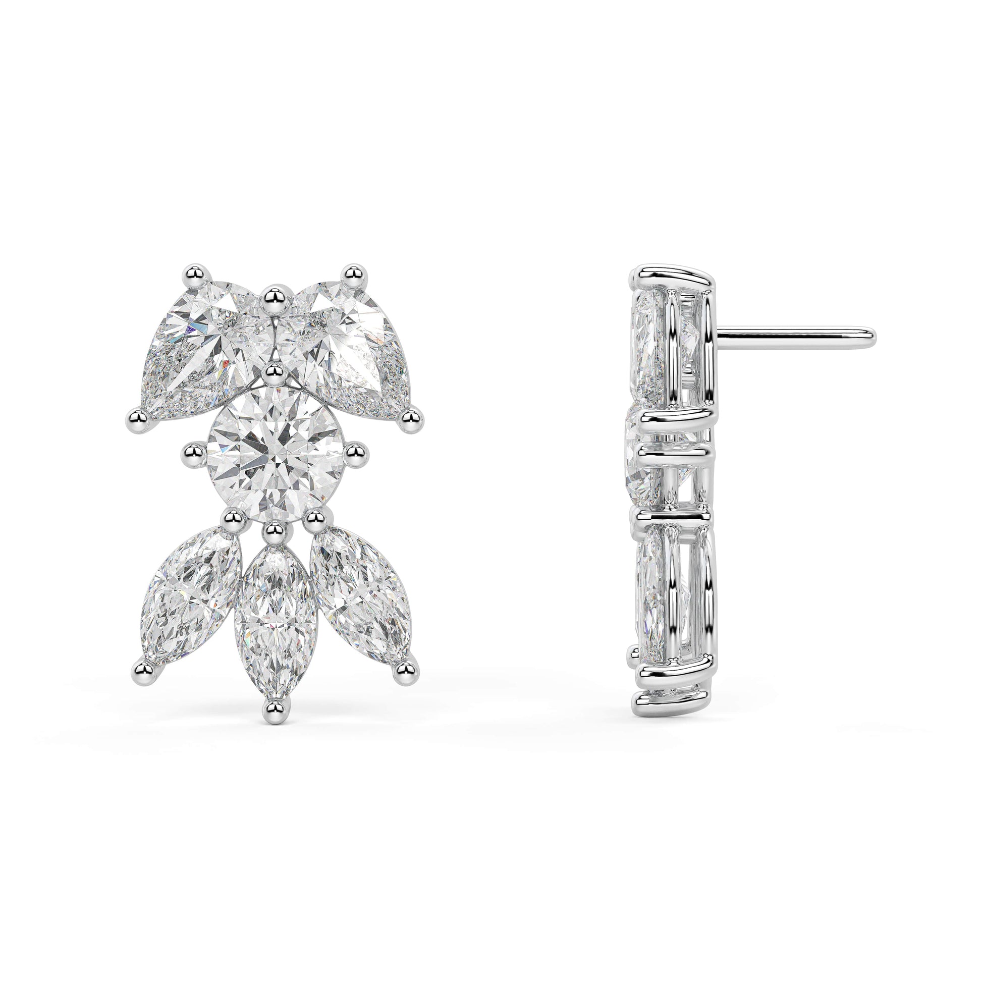 White gold pear diamond cluster earrings side profile with backing, secure screw post and prong details, classic white gold floral diamond studs