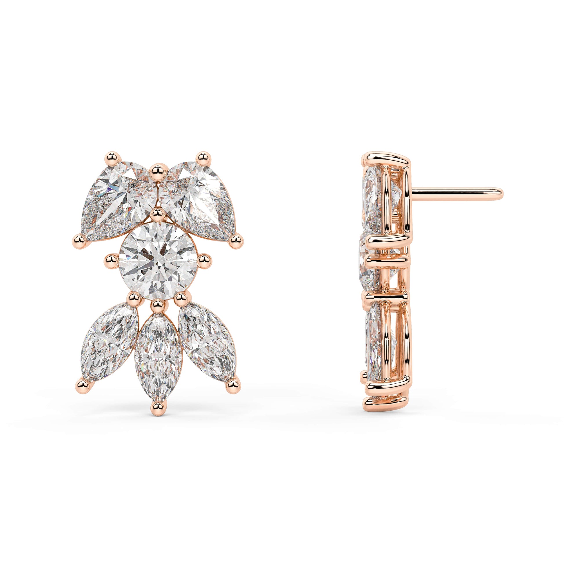Rose gold pear diamond cluster earrings angled profile, central round brilliant with pear accents in bow formation, luxurious rose gold fine jewelry