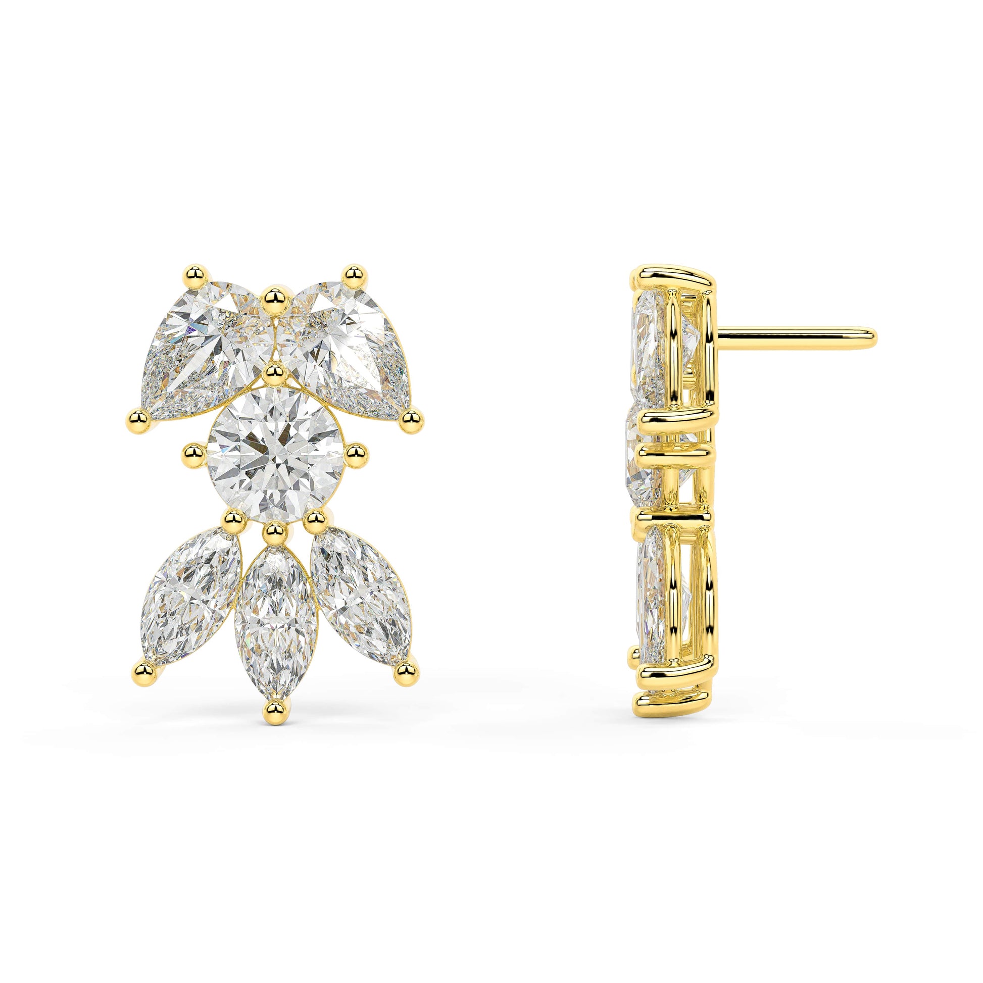 Yellow gold pear diamond cluster earrings side profile, secure post backing visible, timeless cascading floral diamond studs in 14k gold