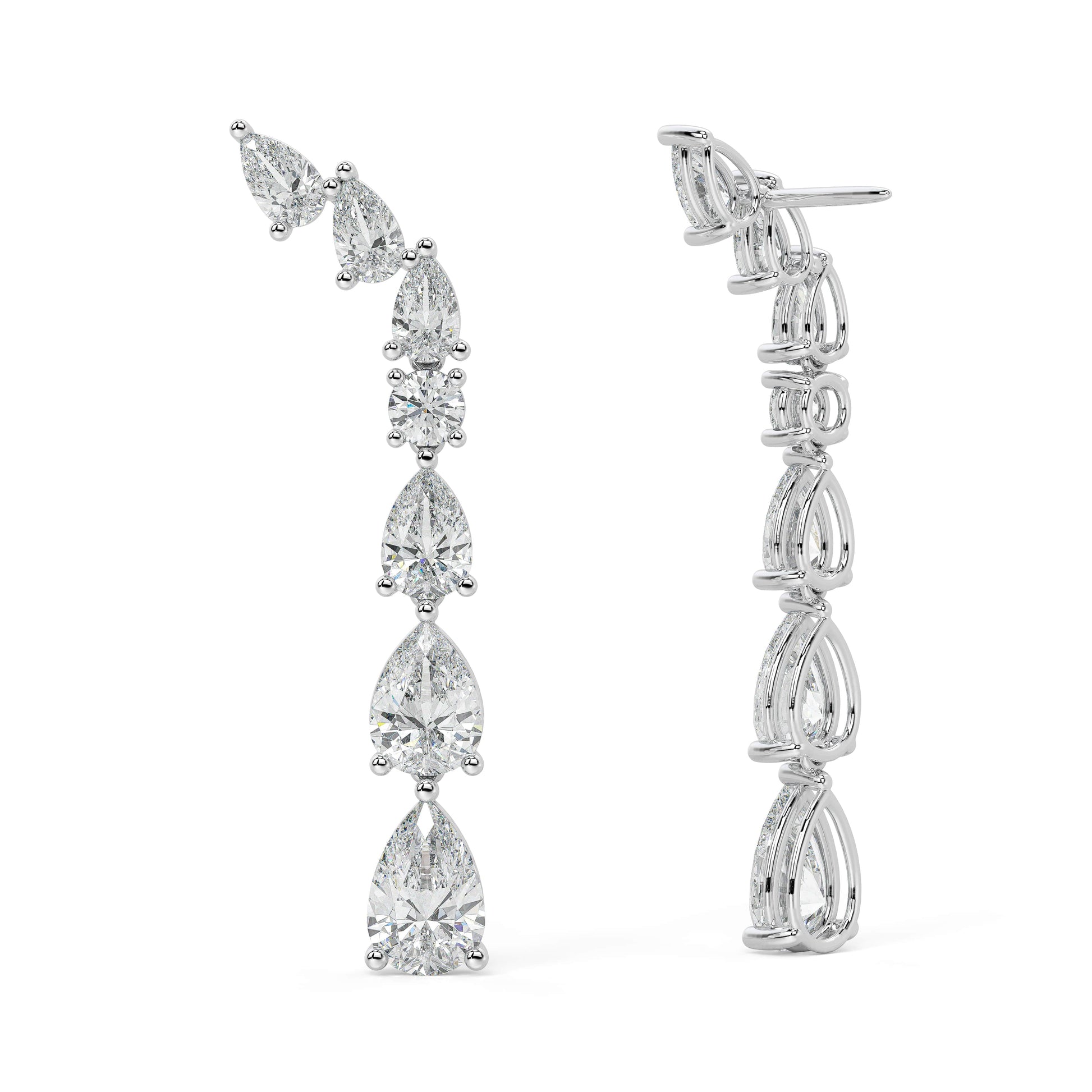 White gold pear round diamond linear earrings full angled shot, sparkling staggered vine design with open settings, perfect gift lab diamond climber jewelry