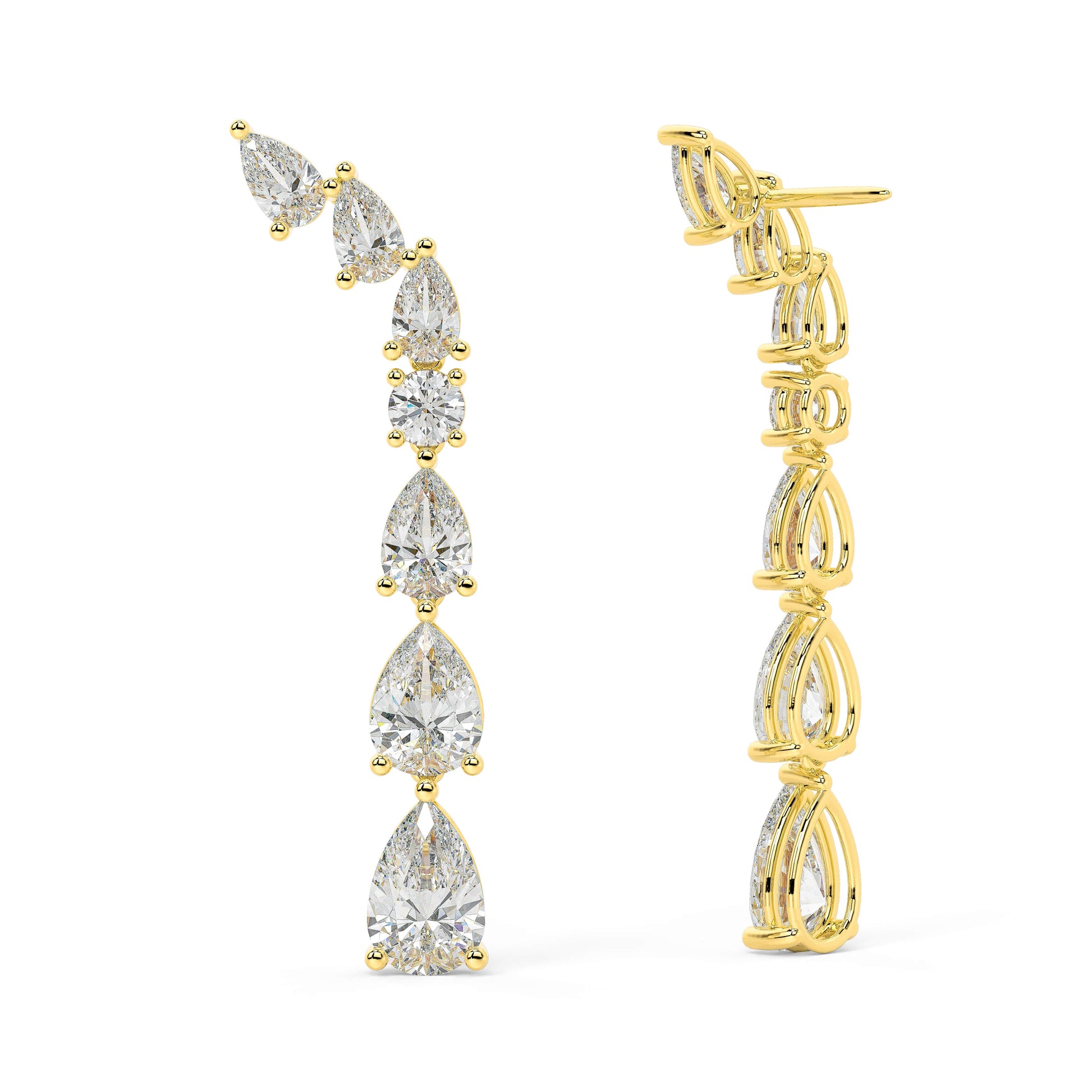 Yellow gold pear round diamond linear earrings full side view, prong-set staggered vine drop design with gold accents, contemporary diamond climber jewelry