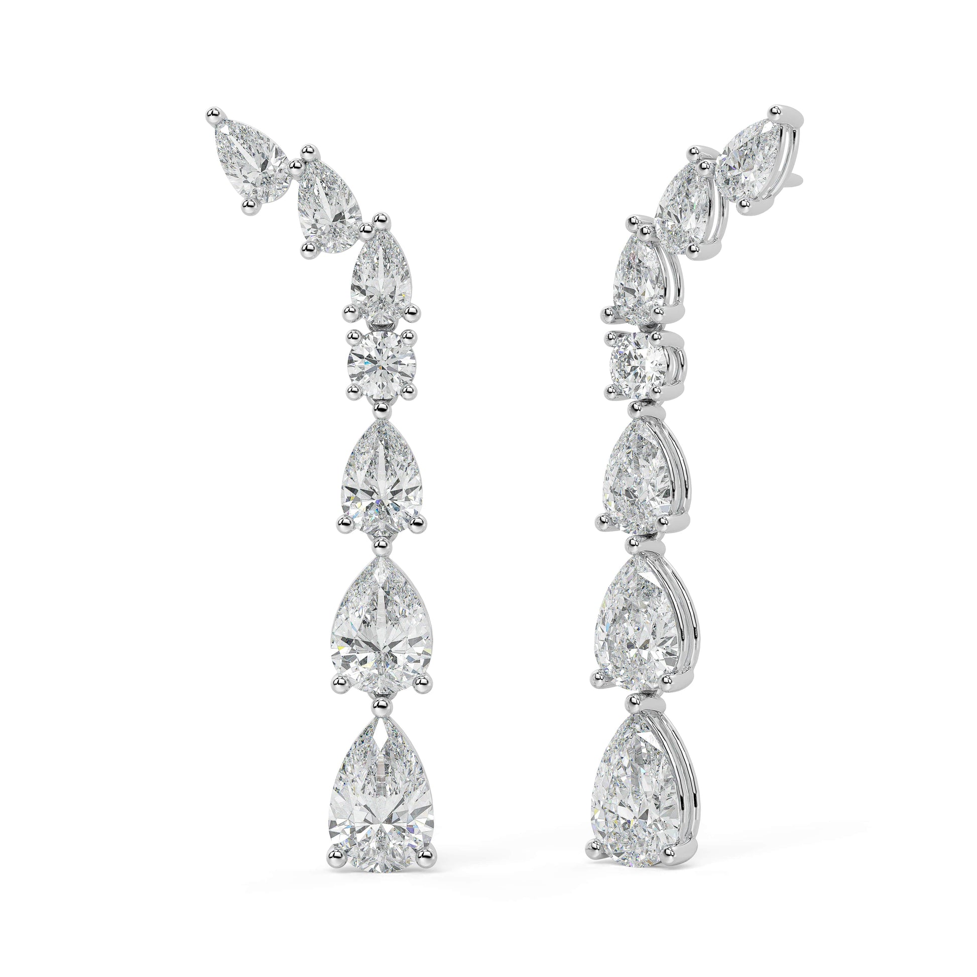 White gold linear diamond drop earrings angled view, pear shaped with round centers in curved vine climber formation, luxury lab grown diamond earrings