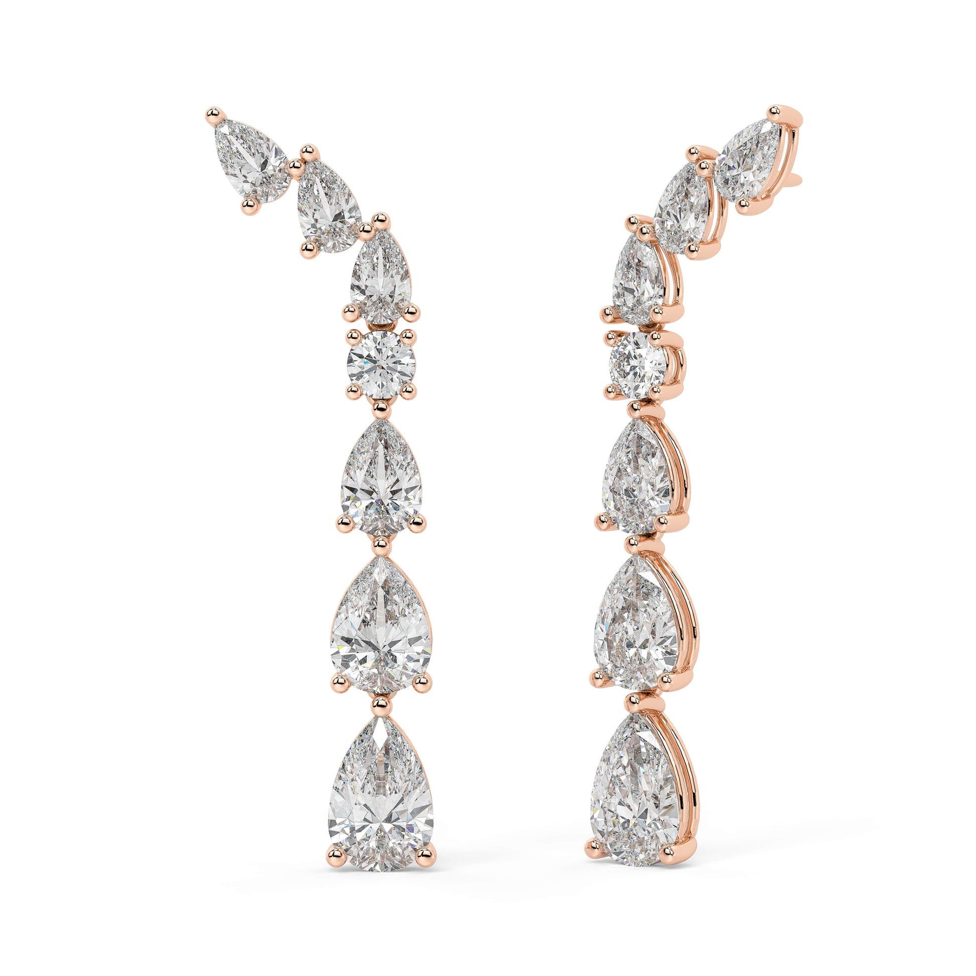 Rose gold linear diamond drop earrings side view with post, secure backing and prong details, rose gold teardrop climber diamond earrings