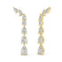 Yellow gold linear diamond drop earrings angled view, mixed pear and round brilliant cuts in curved climber formation, high-quality lab diamond fine jewelry