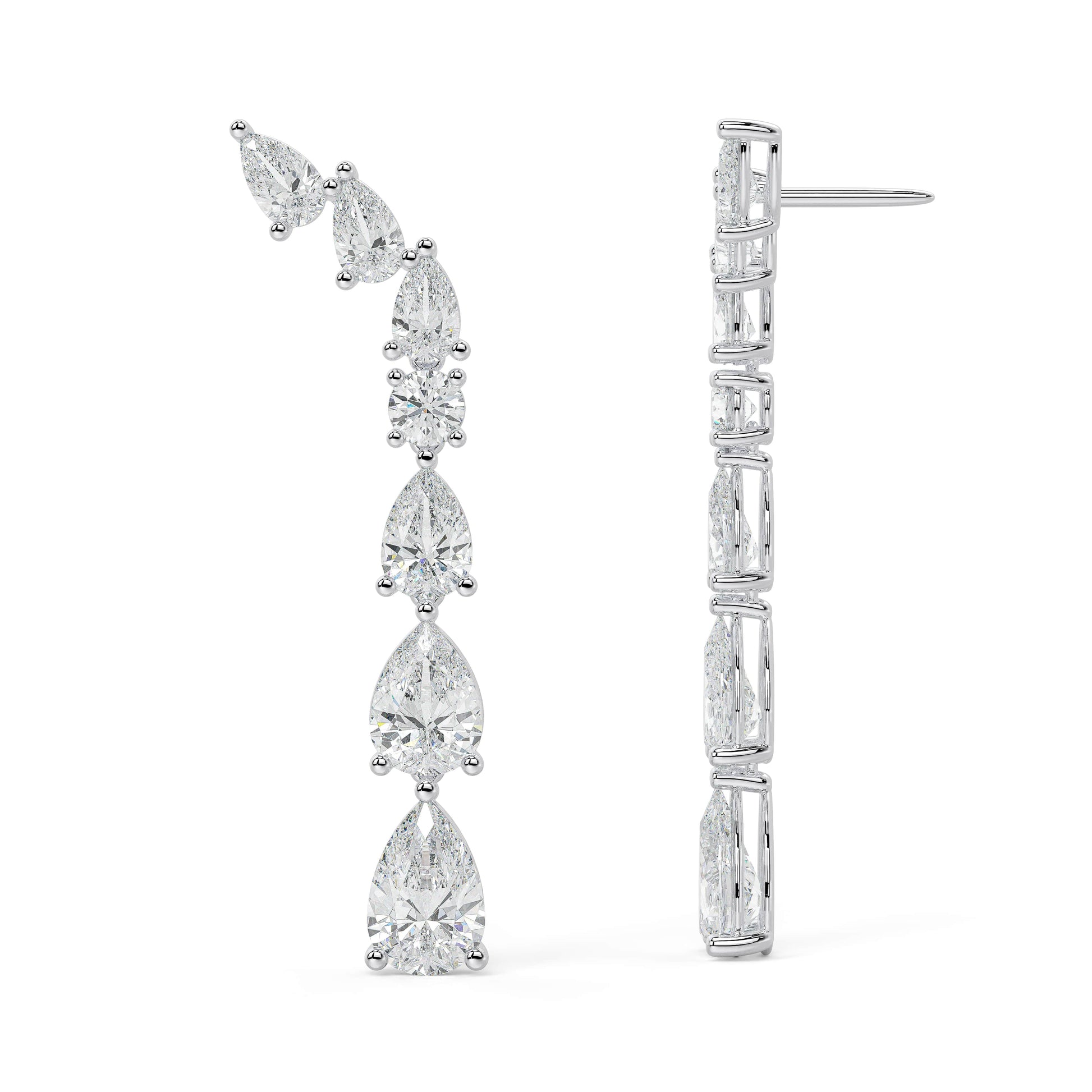 White gold teardrop diamond climber earrings side profile with backing, secure screw post and prong details, classic white gold cascading studs