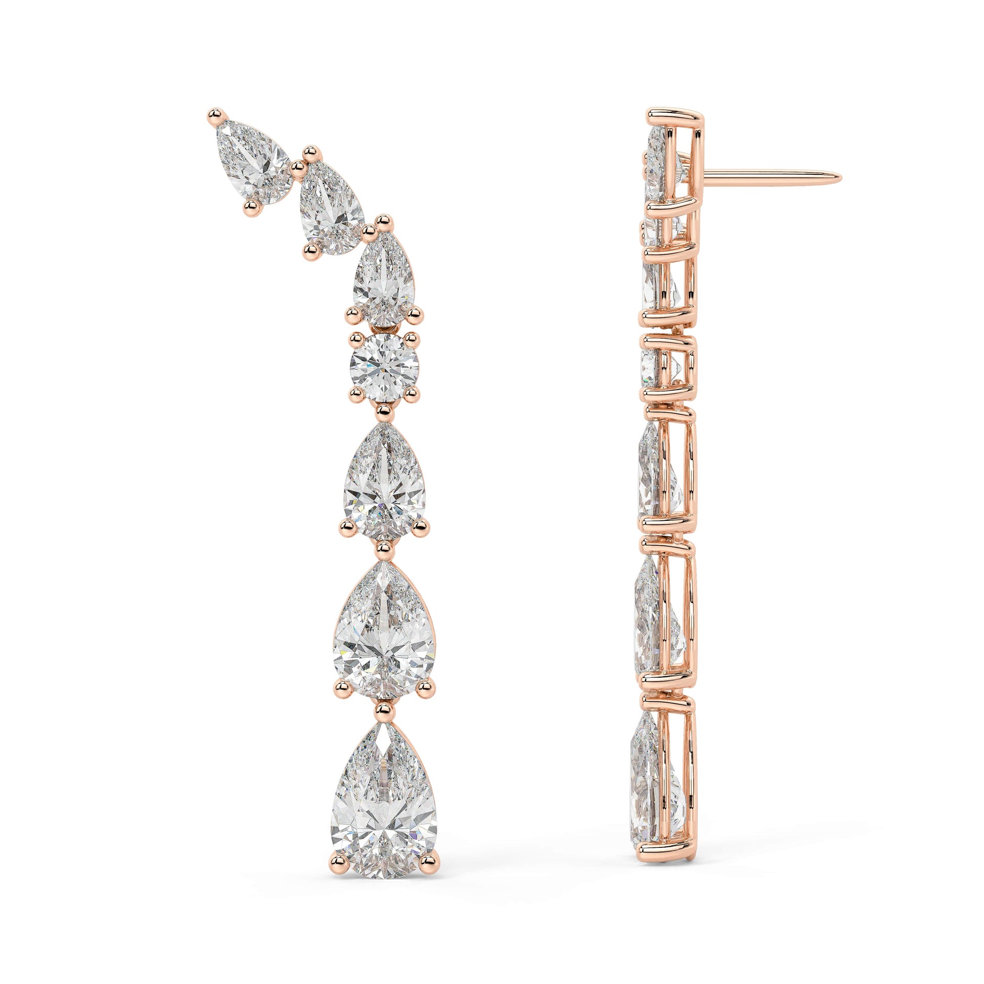 Rose gold pear diamond climber earrings angled profile, mixed brilliant cuts in curved drop design with halo accents, luxurious rose gold fine jewelry