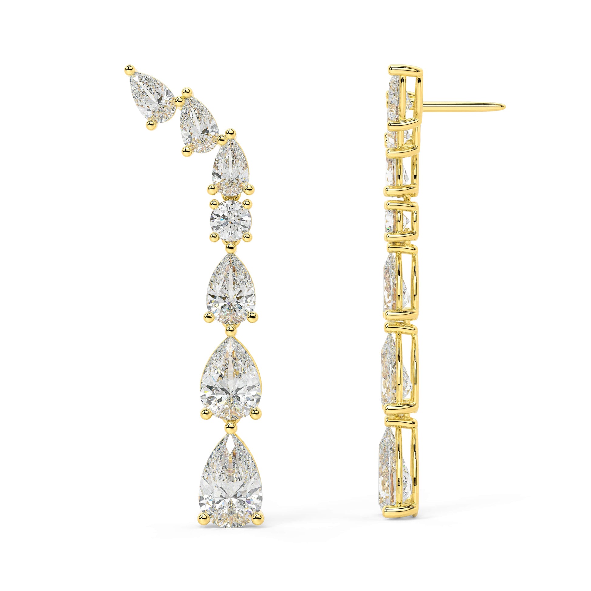 Yellow gold teardrop diamond climber earrings side profile, secure post backing visible, timeless cascading pear diamond earrings in 14k gold
