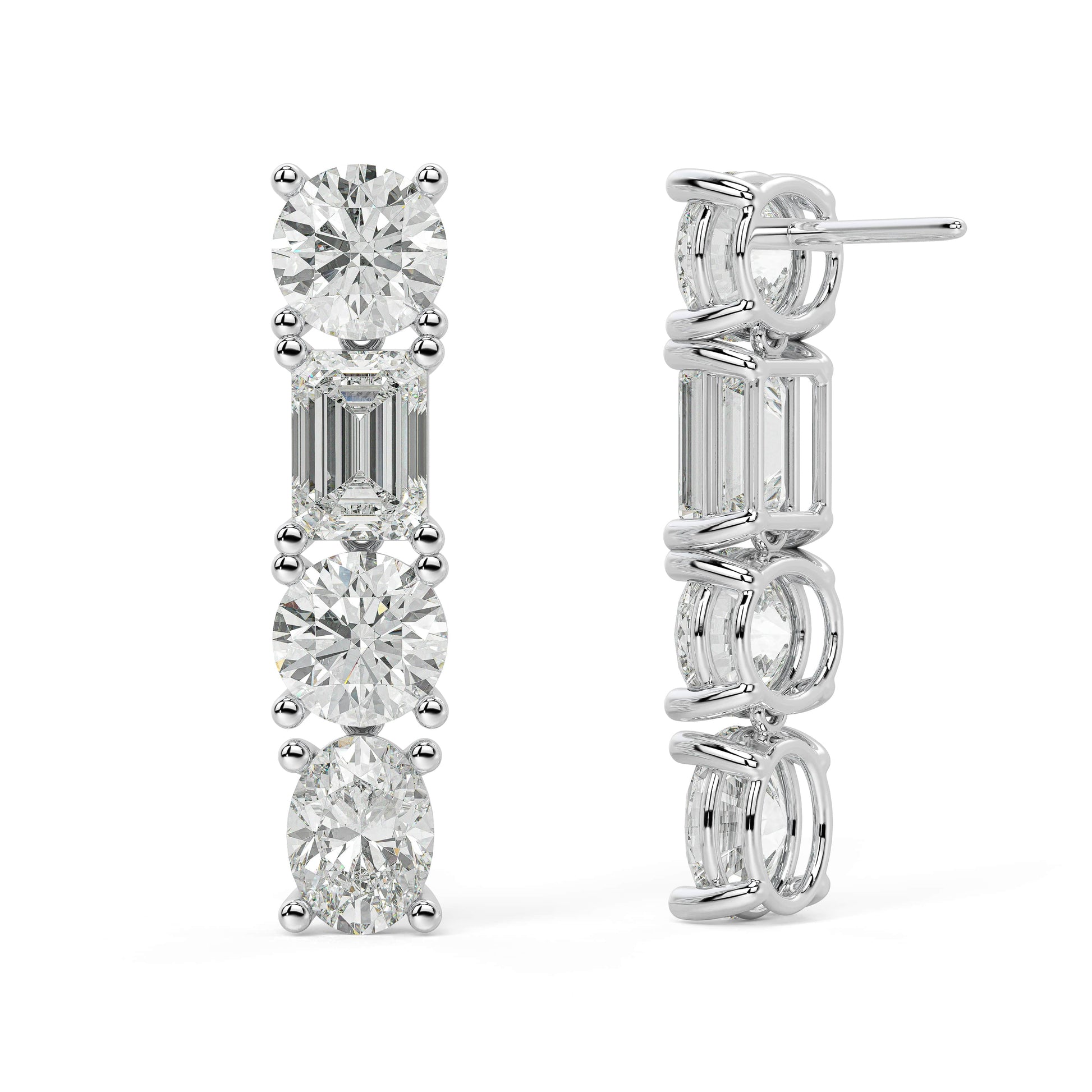 White gold diamond linear drop earrings full angled shot, sparkling stacked round emerald oval design, perfect gift lab diamond jewelry