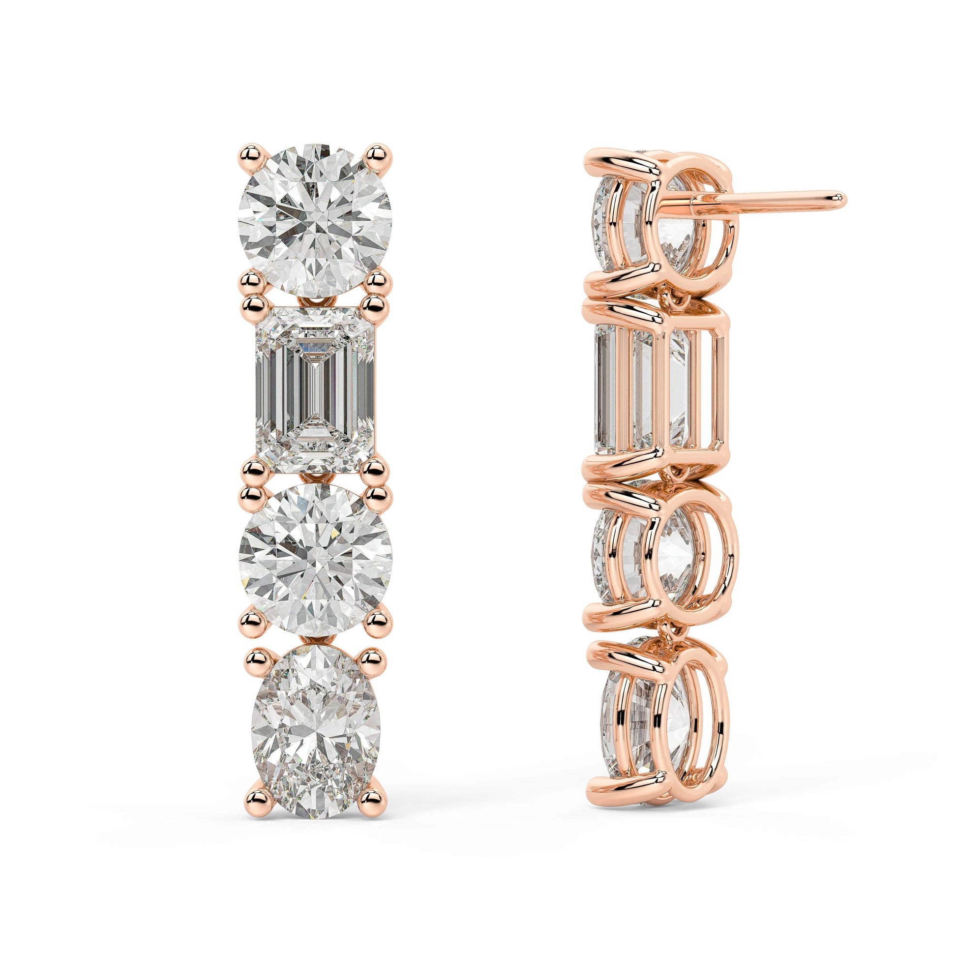 Rose gold diamond linear studs worn on ear, sparkling round emerald oval cluster close-up, stylish rose gold vertical diamond earrings for women