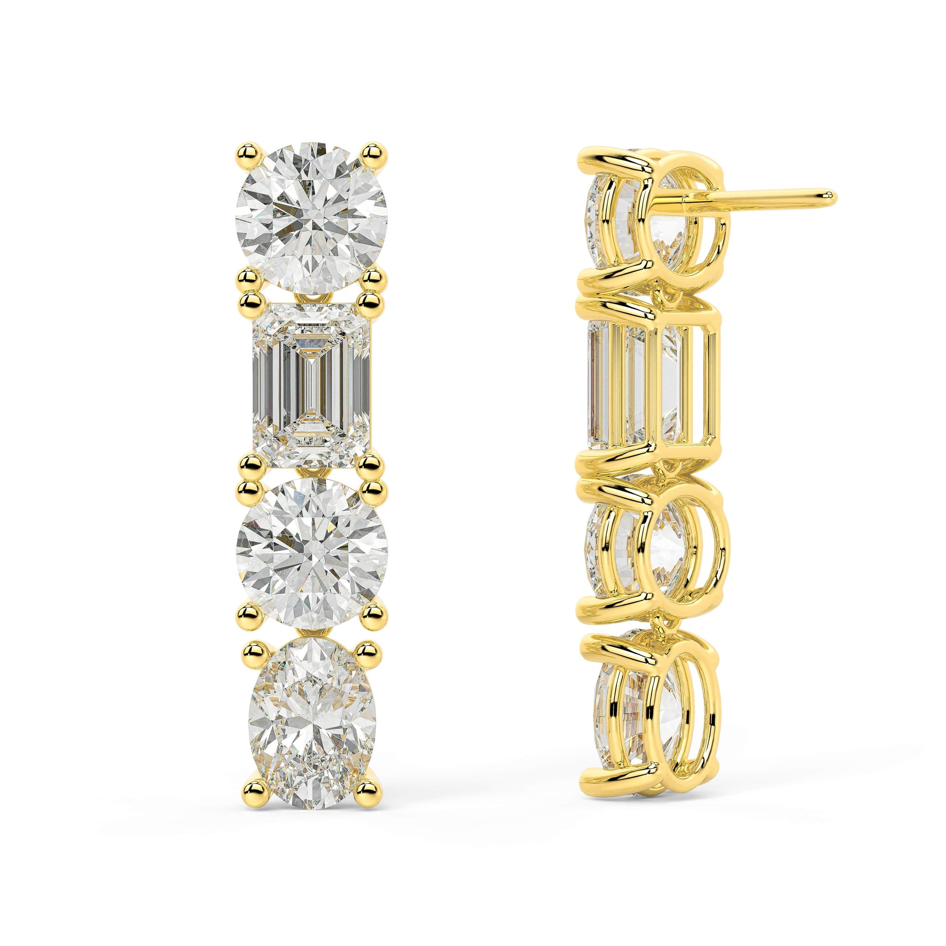 Yellow gold oval emerald round diamond linear earrings full side view, prong-set stacked design with bead accents, contemporary diamond jewelry
