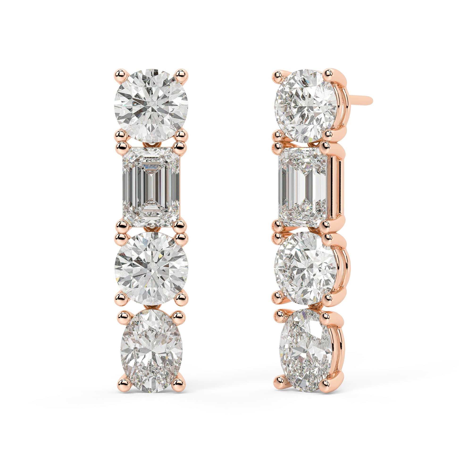 Rose gold linear diamond stud earrings side view with post, secure backing and bead prong details, rose gold mixed shape diamond drops