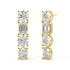 Yellow gold linear diamond earrings angled view, three-stone cluster with round brilliant emerald oval cuts and gold beads, high-quality lab diamond fine jewelry