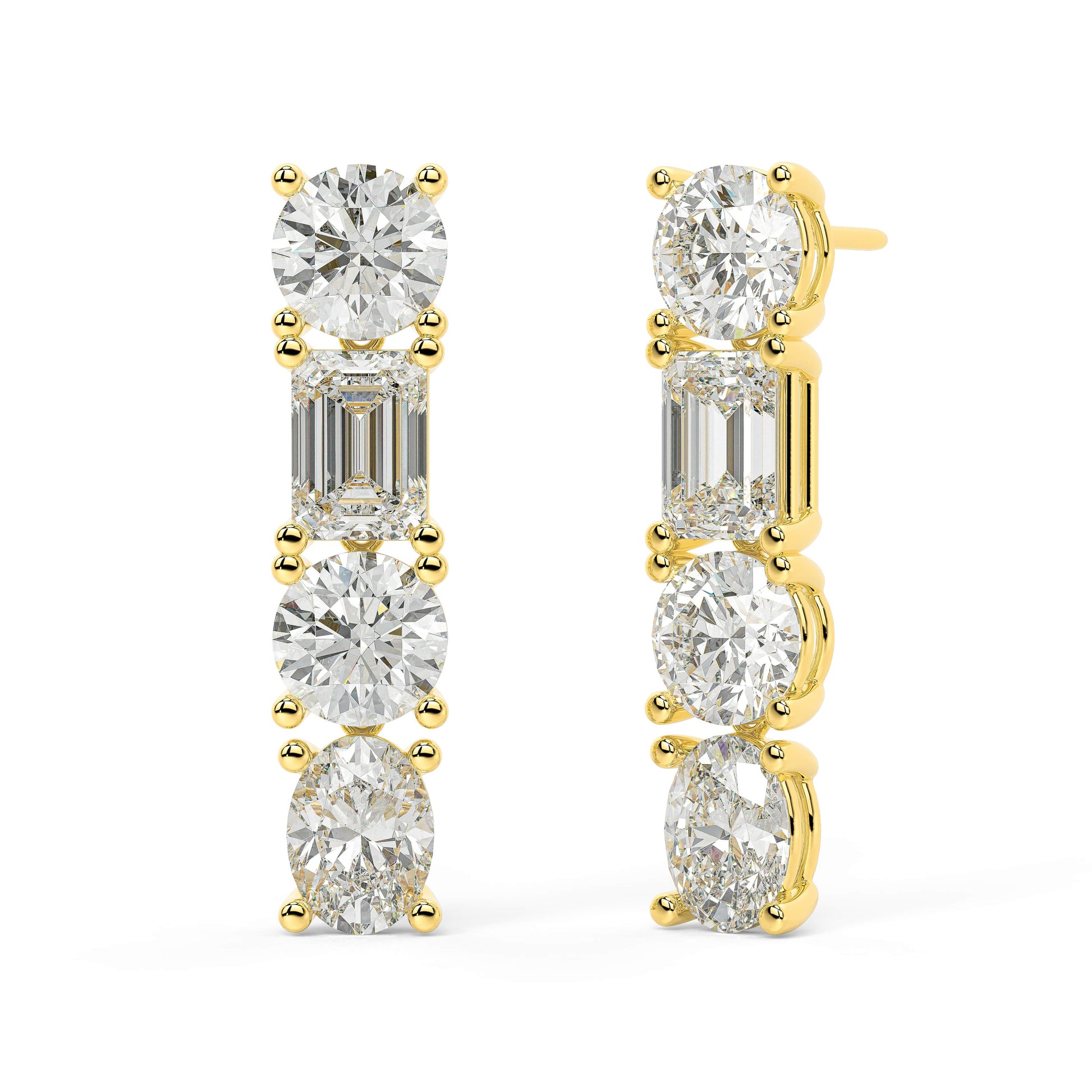 Yellow gold linear diamond earrings angled view, three-stone cluster with round brilliant emerald oval cuts and gold beads, high-quality lab diamond fine jewelry