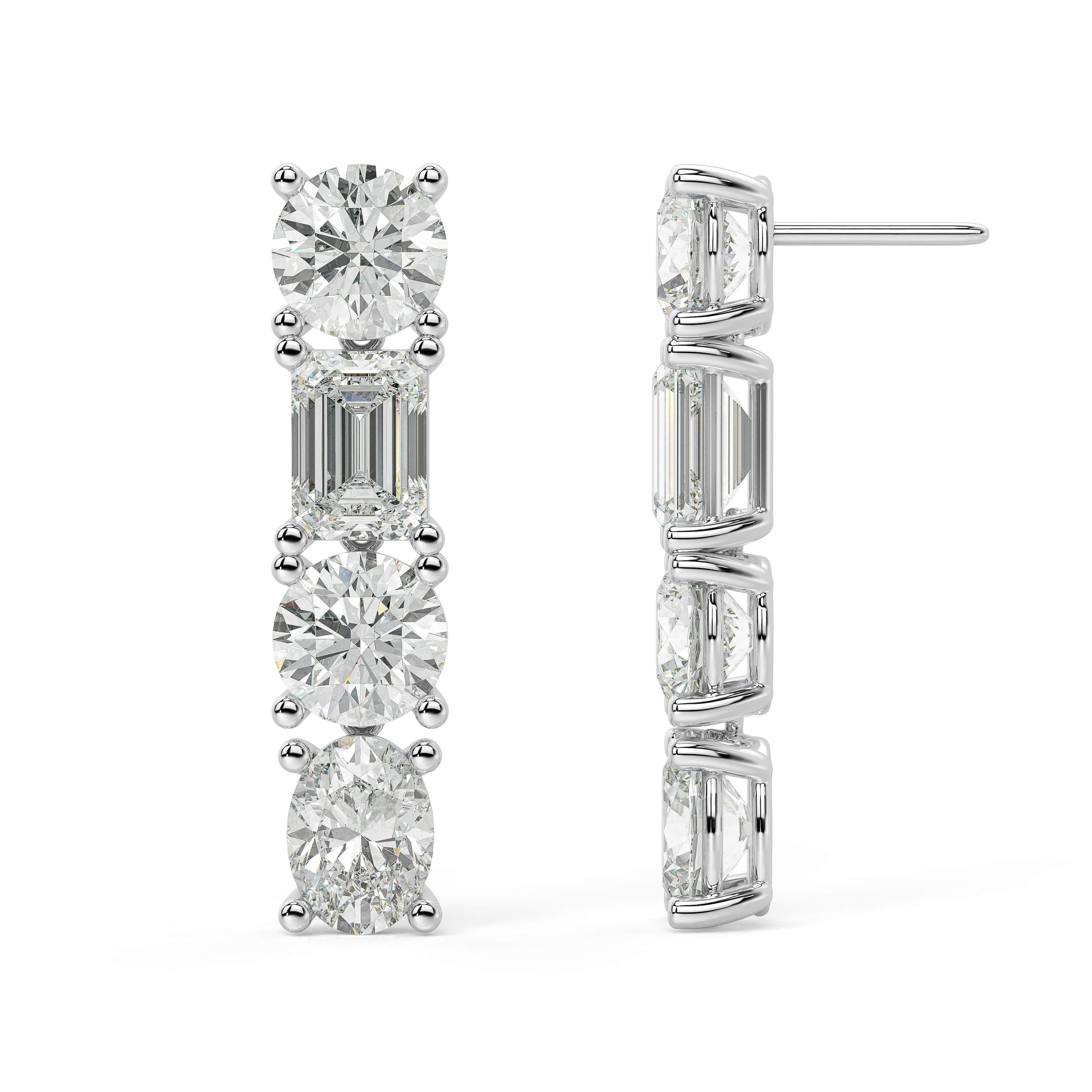 White gold vertical diamond cluster earrings side profile with backing, secure screw post and prong details, classic white gold mixed cut studs