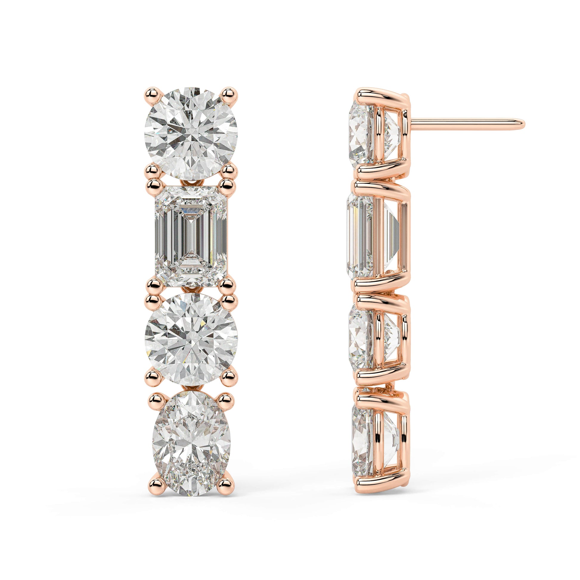 Rose gold vertical bar diamond earrings angled profile, three brilliant cut stones in stacked design with gold accents, luxurious rose gold fine jewelry