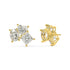 Pair of white gold lab-grown diamond drop stud earrings with central oval-cut diamond and pear-shaped side stones in elegant vertical three-stone arrangement, front view, sophisticated dangling jewelry
