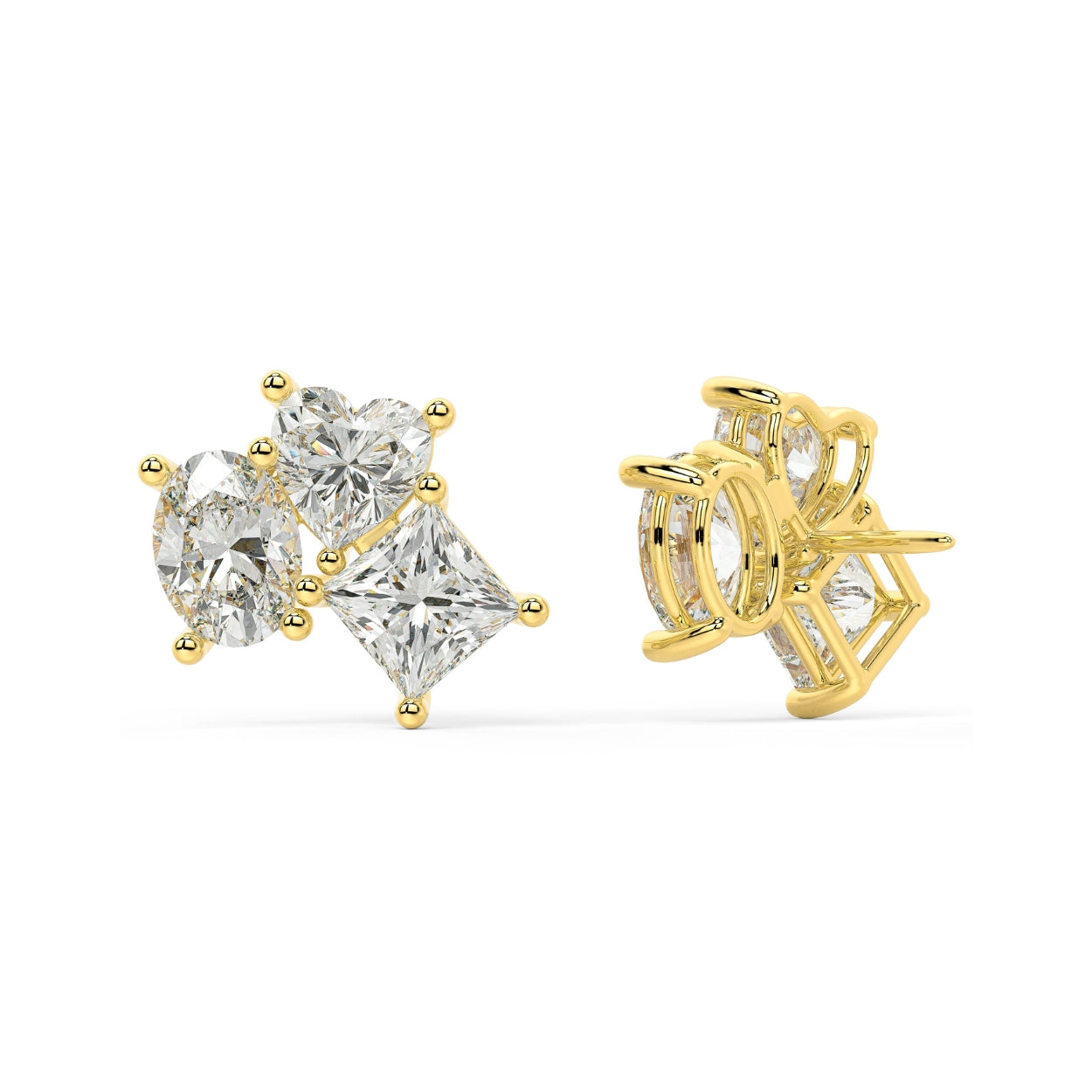 Pair of white gold lab-grown diamond drop stud earrings with central oval-cut diamond and pear-shaped side stones in elegant vertical three-stone arrangement, front view, sophisticated dangling jewelry
