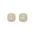 Pair of Cushion Halo lab grown diamond earrings in yellow gold showcasing cushion cut ramped up by halo for vintage cushion glow with cozy reflections and unmatched depth on white background.
