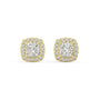 Pair of Cushion Halo lab grown diamond earrings in yellow gold showcasing cushion cut ramped up by halo for vintage cushion glow with cozy reflections and unmatched depth on white background.