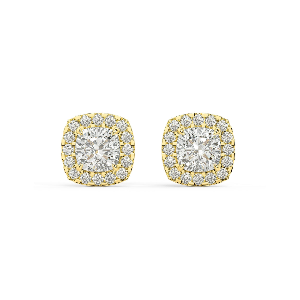 Pair of Cushion Halo lab grown diamond earrings in yellow gold showcasing cushion cut ramped up by halo for vintage cushion glow with cozy reflections and unmatched depth on white background.
