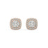 Pair of Cushion Halo lab grown diamond earrings in rose gold with cushion cut ramped up by halo for cozy inviting reflections and nostalgic modern radiance on white background.
