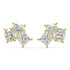 Pair of yellow gold lab-grown diamond drop stud earrings with central oval-cut diamond flanked by pear-shaped side stones in three-stone vertical design, front view, luxury dangling diamond jewelry