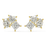 Pair of yellow gold lab-grown diamond drop stud earrings with central oval-cut diamond flanked by pear-shaped side stones in three-stone vertical design, front view, luxury dangling diamond jewelry