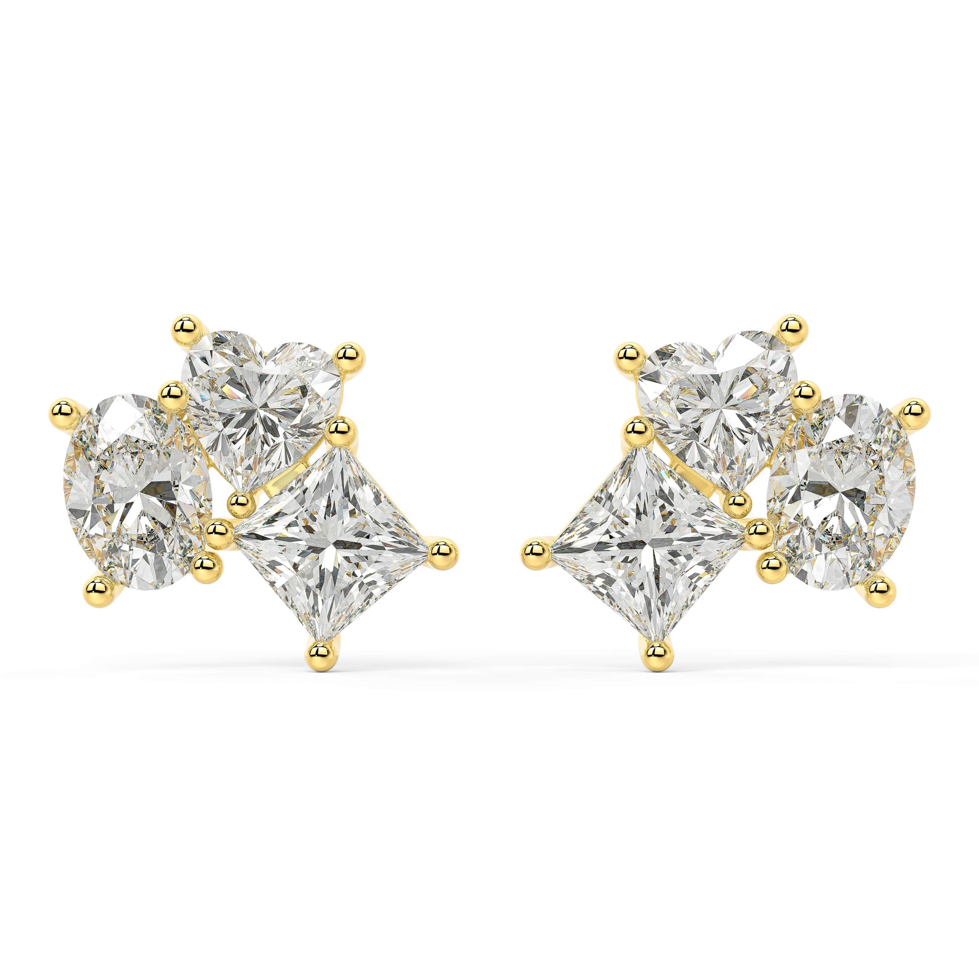 Pair of yellow gold lab-grown diamond drop stud earrings with central oval-cut diamond flanked by pear-shaped side stones in three-stone vertical design, front view, luxury dangling diamond jewelry
