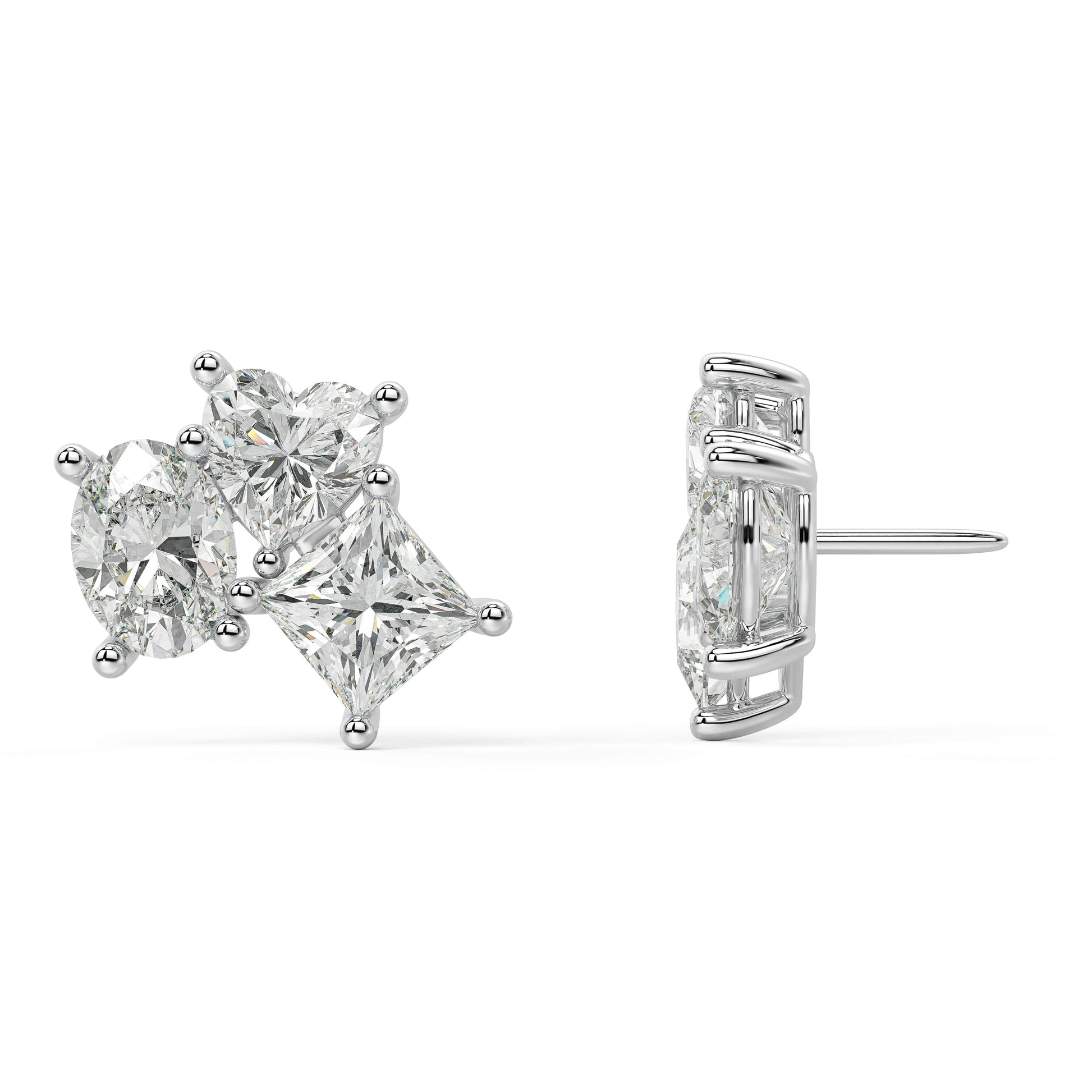 Front and back views of white gold lab-grown diamond three-stone earrings in vertical oval-cut and pear cluster style, premium ethical luxury jewelry
