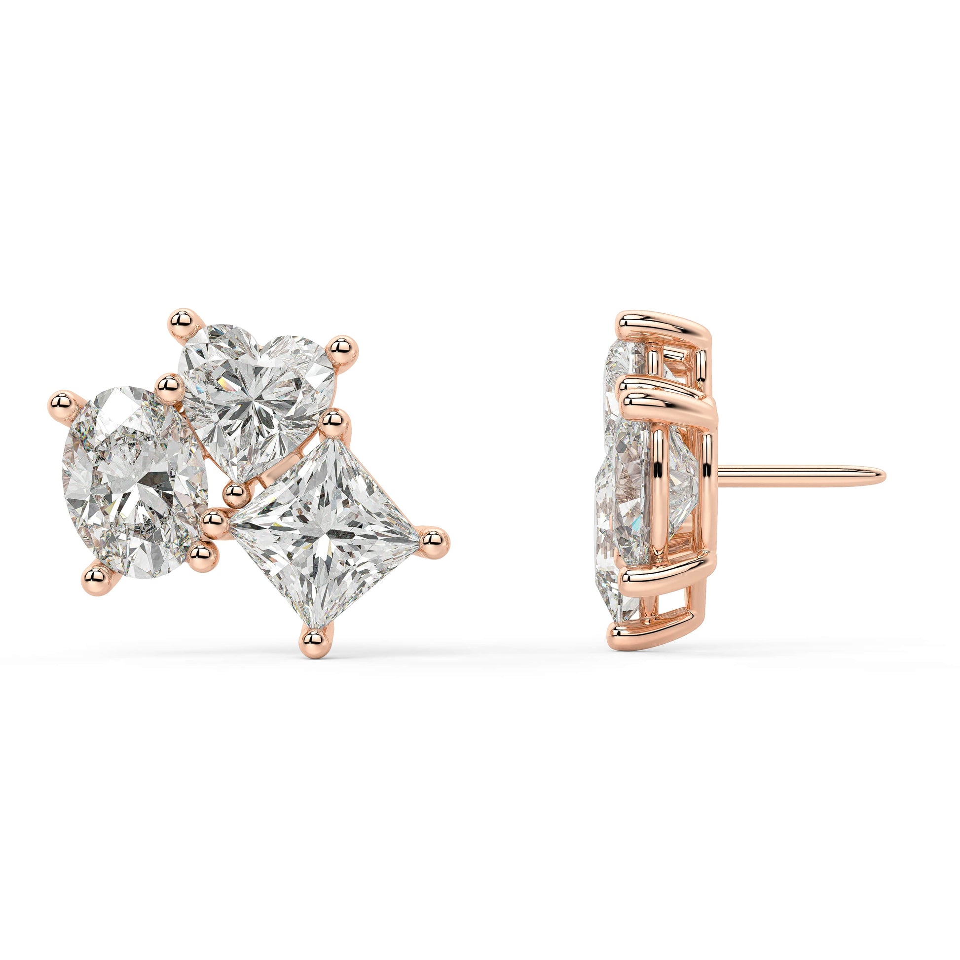 Front and back perspectives of rose gold lab-grown diamond three-stone drop earrings with vertical oval and pear arrangement, ethical fine jewelry