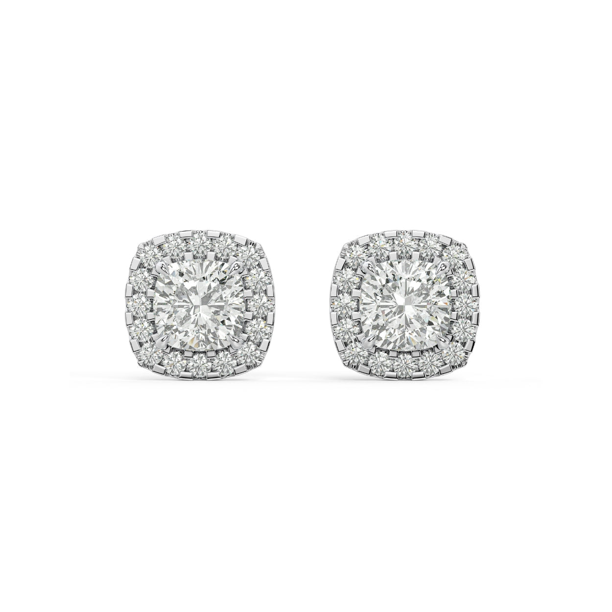 Pair of Cushion Halo lab grown diamond earrings in white gold featuring soft square center framed by subtle halo for cozy reflections unmatched depth on white background.
