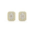 Pair of Emerald Halo lab grown diamond earrings in yellow gold showcasing emerald cut amplified by halo unlocking mirror like reflections for unmatched visual depth and elite step cut fire on white background.