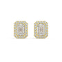Pair of Emerald Halo lab grown diamond earrings in yellow gold showcasing emerald cut amplified by halo unlocking mirror like reflections for unmatched visual depth and elite step cut fire on white background.