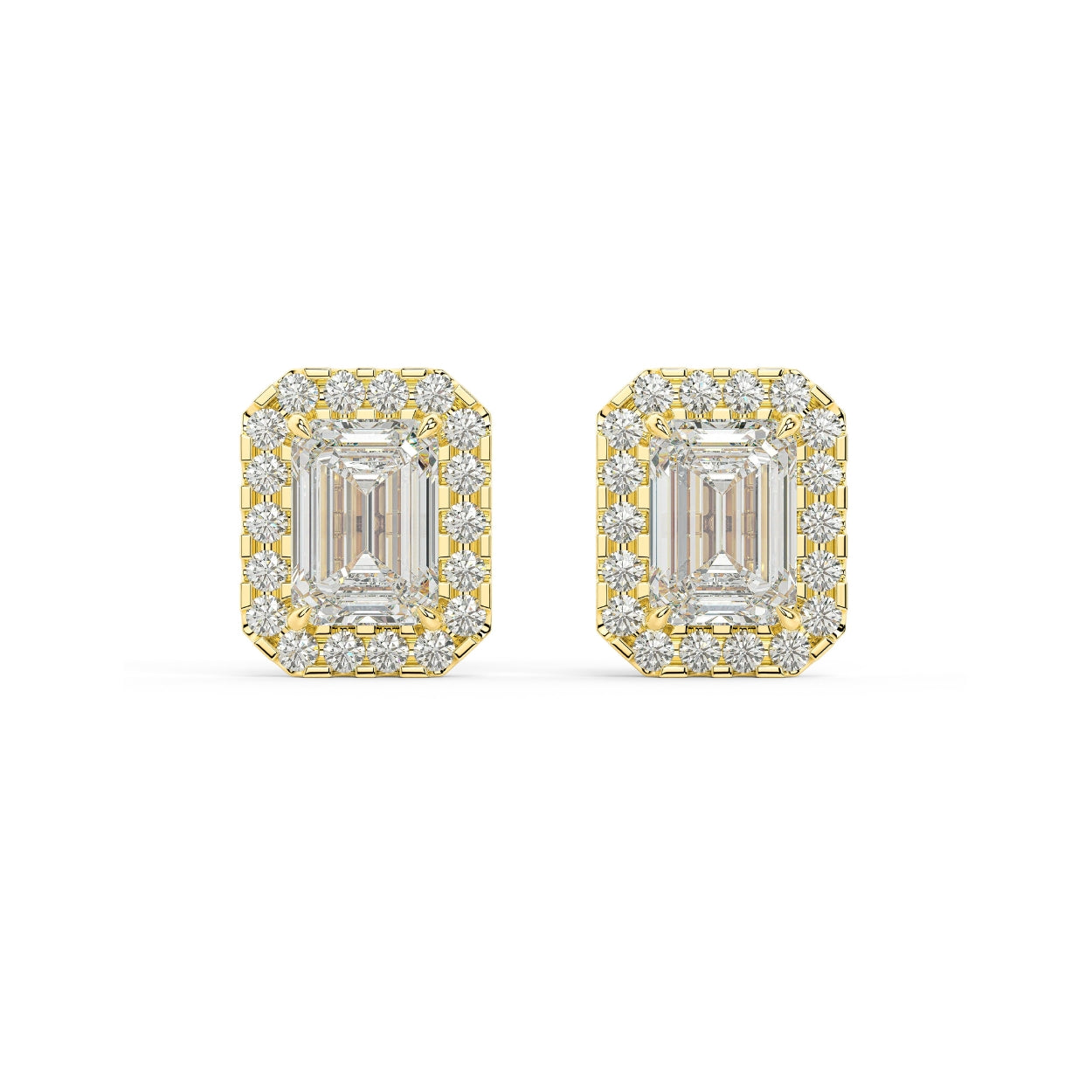 Pair of Emerald Halo lab grown diamond earrings in yellow gold showcasing emerald cut amplified by halo unlocking mirror like reflections for unmatched visual depth and elite step cut fire on white background.