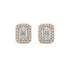 Pair of Emerald Halo lab grown diamond earrings in rose gold with emerald cut wrapped in halo elevating reflective depth to stunning heights on white background.