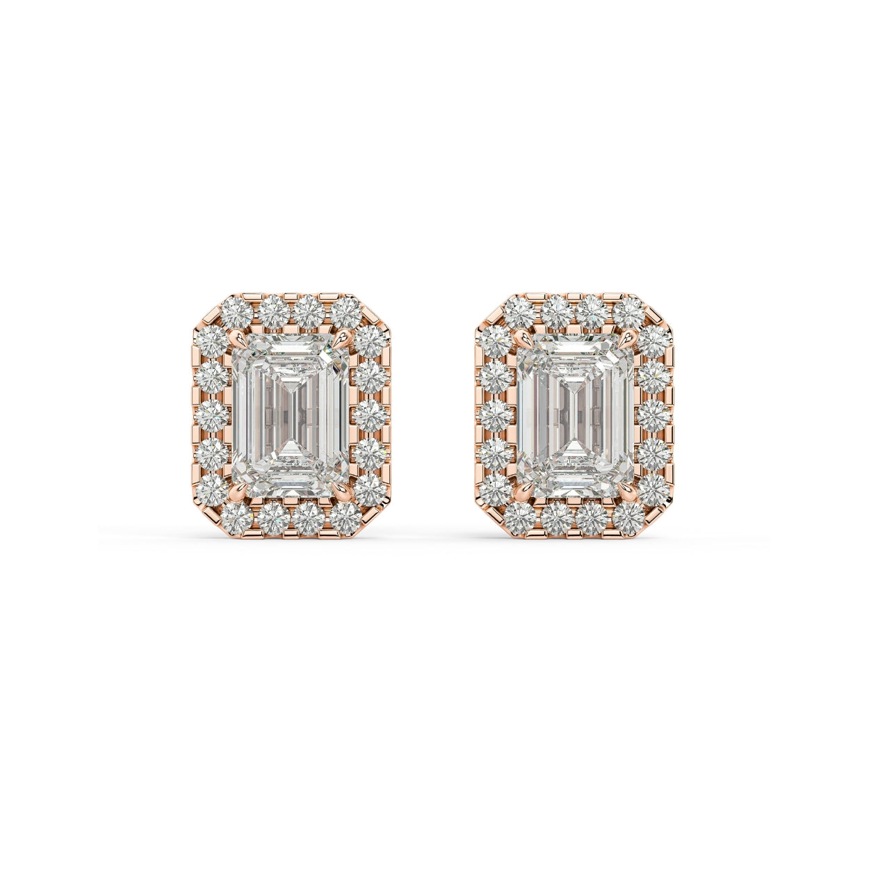 Pair of Emerald Halo lab grown diamond earrings in rose gold with emerald cut wrapped in halo elevating reflective depth to stunning heights on white background.