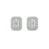 Pair of Emerald Halo lab grown diamond earrings in white gold featuring emerald core in delicate halo balancing vintage poise with modern edge for graceful drama on white background.