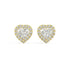 Pair of Heart Halo lab grown diamond earrings in yellow gold showcasing heart cut center magnified by halo for romantic heart brilliance with emotional depth and maximum visual romance on white background.