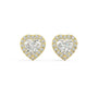 Pair of Heart Halo lab grown diamond earrings in yellow gold showcasing heart cut center magnified by halo for romantic heart brilliance with emotional depth and maximum visual romance on white background.