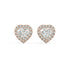Pair of Heart Halo lab grown diamond earrings in rose gold with heart center embraced by subtle halo for tender yet powerful shine on white background.