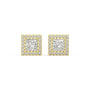 Pair of Princess Halo lab grown diamond earrings in yellow gold showcasing princess cut core ramped up by halo for bold intense light play and crisp geometric sparkle on white background.