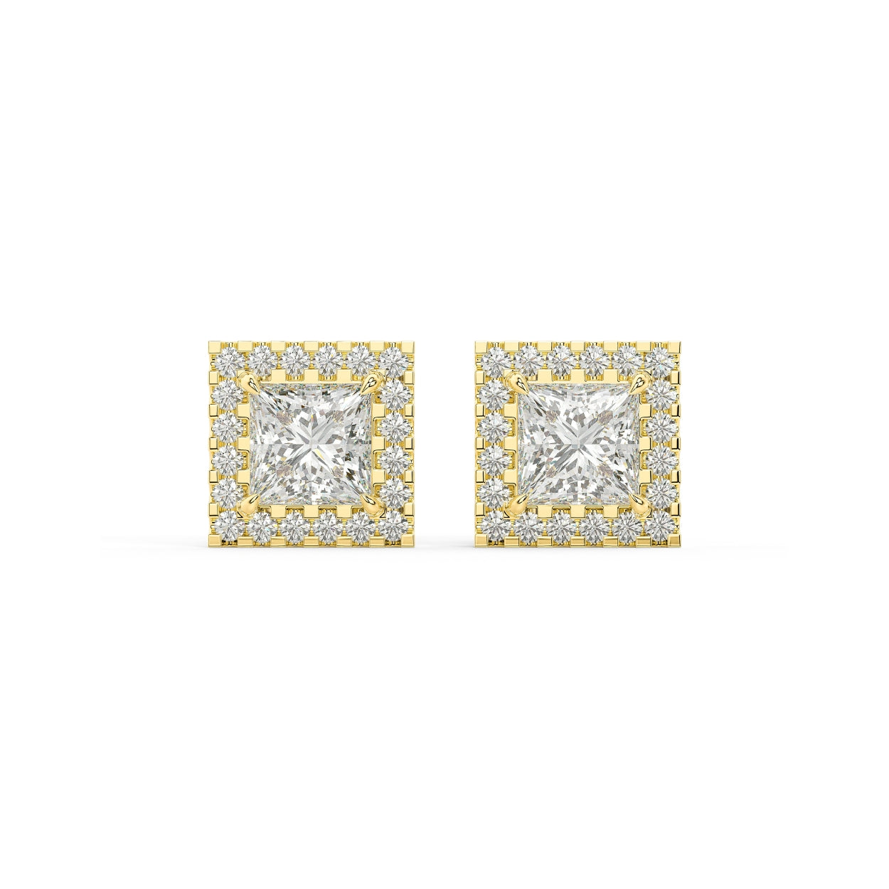 Pair of Princess Halo lab grown diamond earrings in yellow gold showcasing princess cut core ramped up by halo for bold intense light play and crisp geometric sparkle on white background.