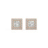 Pair of Princess Halo lab grown diamond earrings in rose gold with princess cut core and halo for bold edges meeting endless fire on white background.