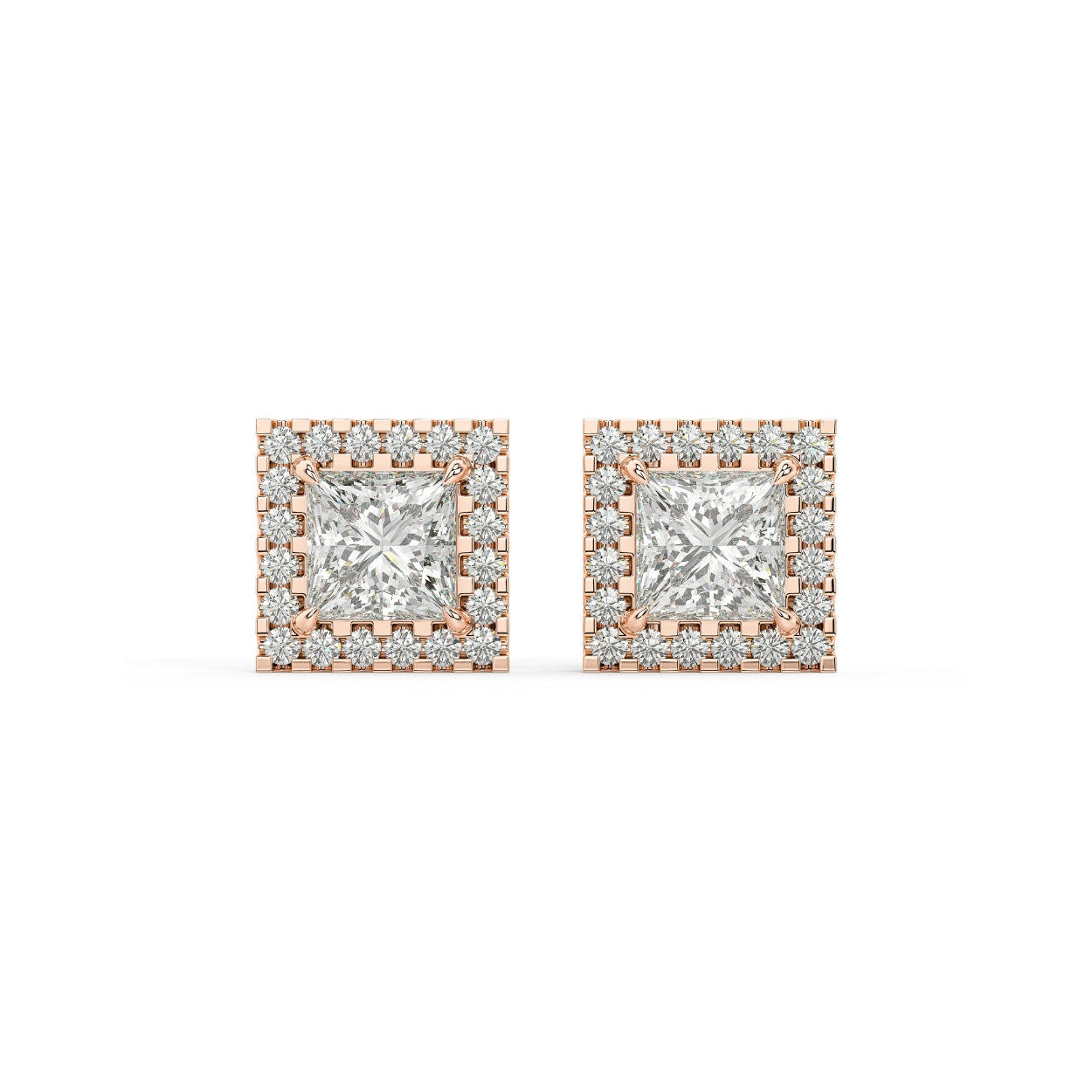 Pair of Princess Halo lab grown diamond earrings in rose gold with princess cut core and halo for bold edges meeting endless fire on white background.