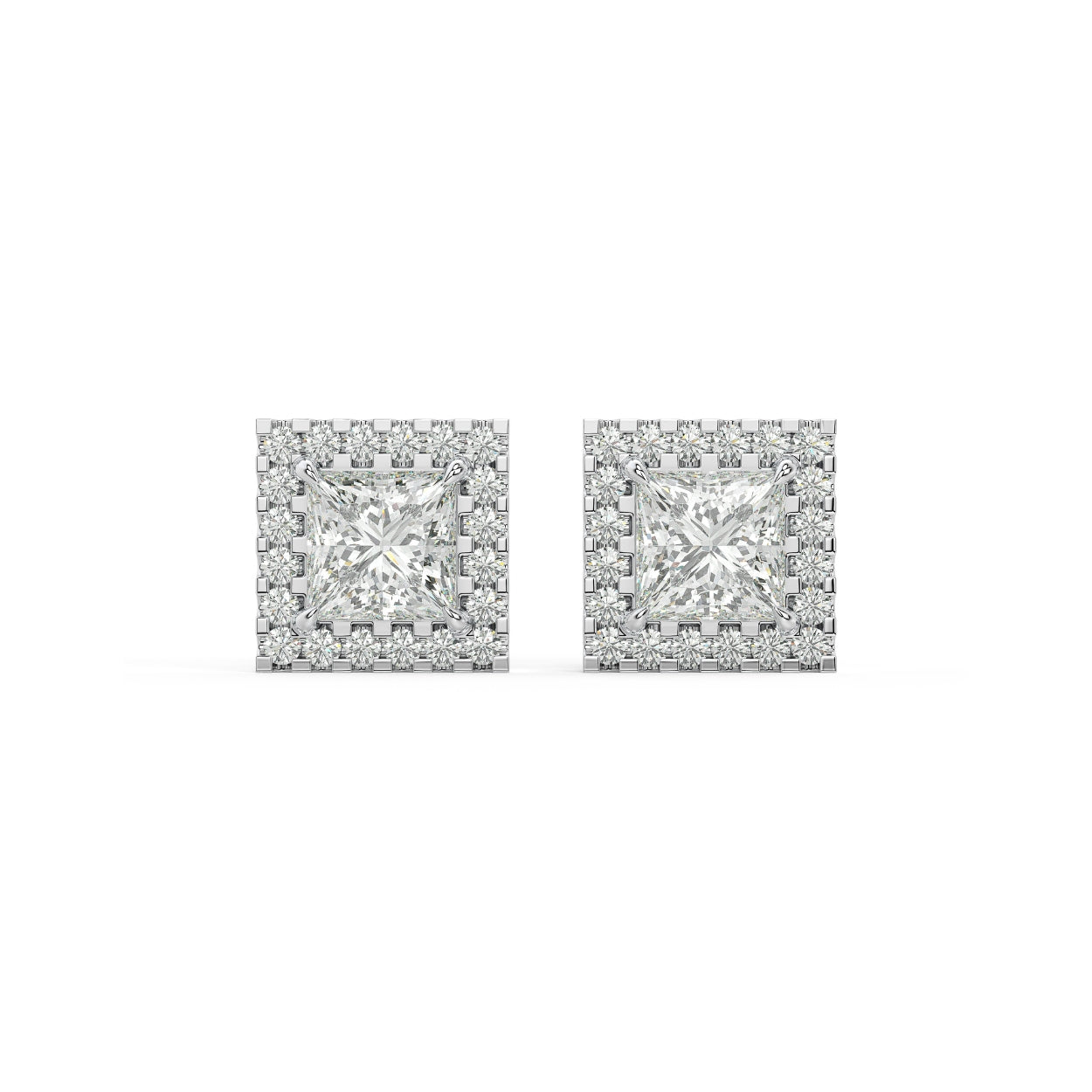 Pair of Princess Halo lab grown diamond earrings in white gold featuring princess cut surrounded by halo for fierce refined shine on white background.