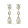 Pair of yellow gold lab-grown diamond drop stud earrings with oval top and pear-shaped bottom diamond in two-stone dangling design, front view, luxury diamond jewelry